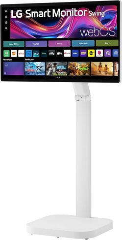 شاشة LG الذكية Swing 32U889SA-W 32 بوصة 4K UHD 3840x2160 IPS تعمل باللمس على قاعدة عجلات قابلة للتعديل بالكامل HDR10، webOS، مكبر صوت مدمج، HDMI، USB من النوع C، حامل إمالة/ارتفاع/دوران/محوري، أبيض متجدد in Kuwait