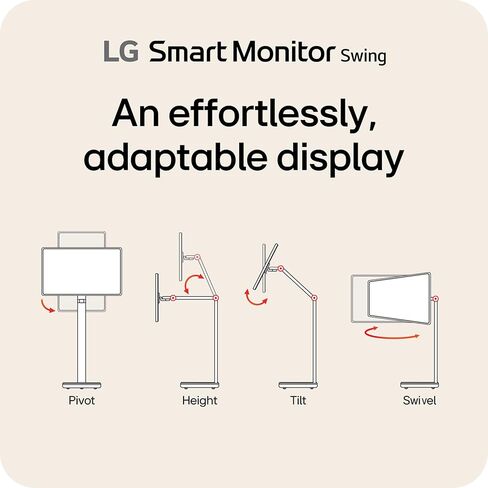 شاشة LG الذكية Swing 32U889SA-W 32 بوصة 4K UHD 3840x2160 IPS تعمل باللمس على قاعدة عجلات قابلة للتعديل بالكامل HDR10، webOS، مكبر صوت مدمج، HDMI، USB من النوع C، حامل إمالة/ارتفاع/دوران/محوري، أبيض متجدد in Kuwait