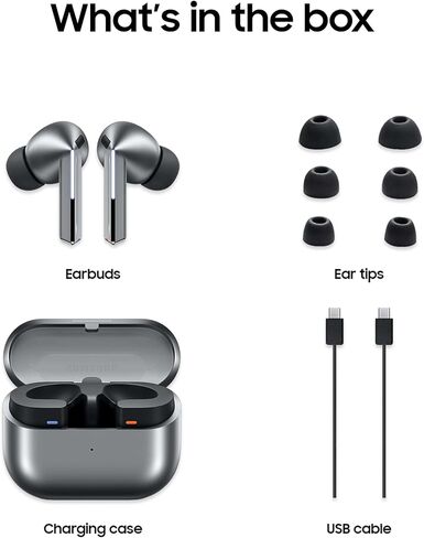 سماعات أذن SAMSUNG Galaxy Buds 3 Pro AI True اللاسلكية بتقنية البلوتوث + بطاقة هدايا أمازون بقيمة 30 دولارًا، إلغاء الضوضاء، تحسين الصوت، ملاءمة مريحة مُعاد تصميمها، فضي [إصدار الولايات المتحدة، ضمان حصري من أمازون لمدة عامين] in Kuwait