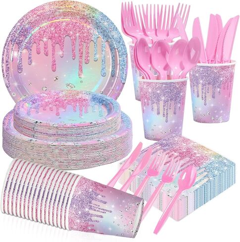 168Pcs Disco Birthday Party Decorations Hot Pink Silver Glitter Sequins Plates and Napkins Cups Forks Tableware Sets for Women Girls 70s 80s Theme Disco Neon Pastel Rainbow Party Supplies Serves 24 in Saudi Arabia