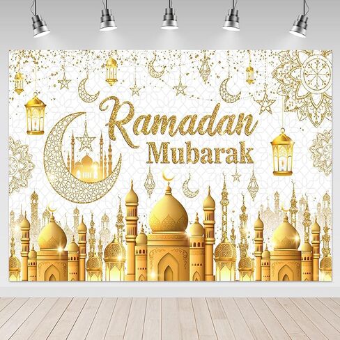 Mocsicka Ramadan Mubarak Backdrop White Gold Eid Mubarak Backdrop Decorations Eid Al-Fitr Ramadan Kareem for Wall Door Yard Outdoor Sign (6x3.6ft) in Saudi Arabia