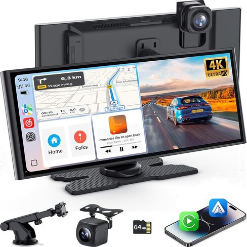 10.26 Inch Carplay Screen for Car, Wireless Carplay & Android Auto, with 4K Dash Cam & 1080P Backup Camera, Bluetooth, Navigation, Mirror Link, Voice Control, Carplay Tablet for All Vehicles in Saudi Arabia