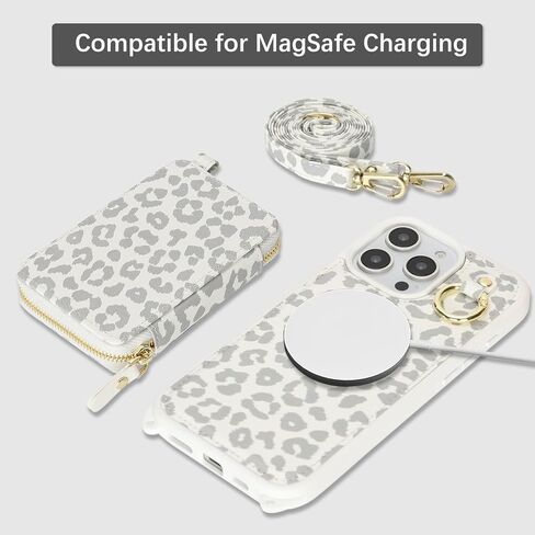 حافظة محفظة Cavor لهاتف iPhone 16 Pro Max مع حامل بطاقة للنساء والرجال، حافظة iPhone 16 Pro Max مع حزام، حافظة هاتف بحبل طويل، مغناطيسية قابلة للفصل متوافقة مع Magsafe-White Leopard in Kuwait
