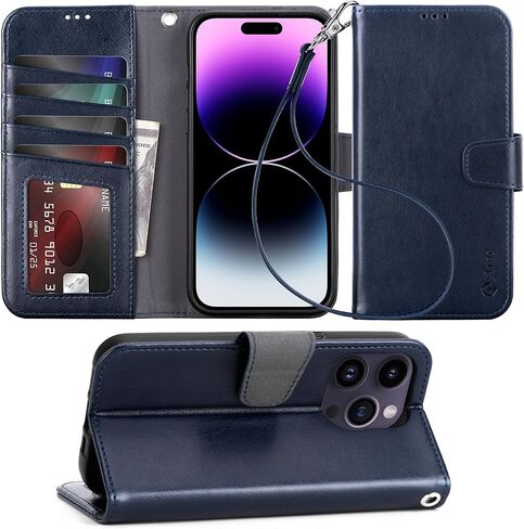 حافظة متوافقة مع محفظة iPhone 14 Pro Max مع حامل بطاقة وغطاء قلاب لحزام المعصم لهاتف iPhone 14 Pro Max 6.7 بوصة، أزرق in Saudi Arabia
