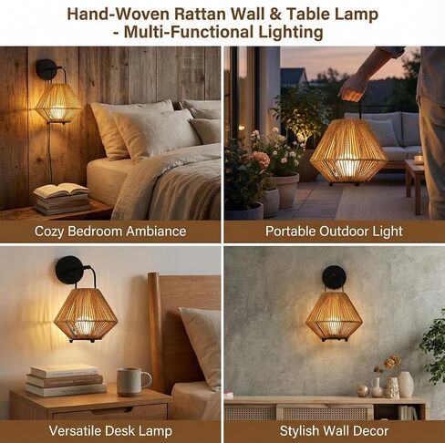 Rechargeable Portable Table Lamp with Woven Rattan Shade – Wall-Mountable Cordless LED Bedside Lamp for Bedroom, Nursery & Outdoor Use in Saudi Arabia