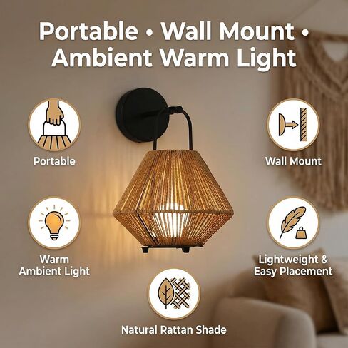 Rechargeable Portable Table Lamp with Woven Rattan Shade – Wall-Mountable Cordless LED Bedside Lamp for Bedroom, Nursery & Outdoor Use in Saudi Arabia