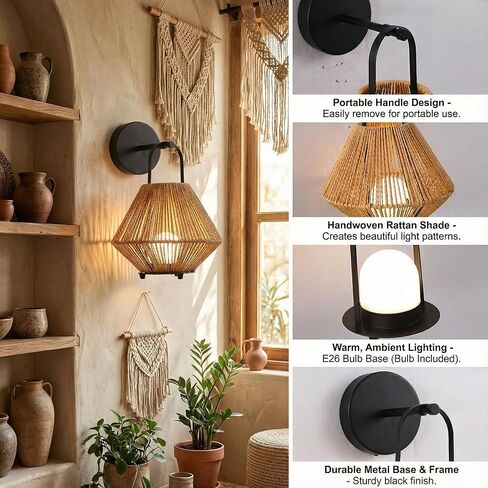 Rechargeable Portable Table Lamp with Woven Rattan Shade – Wall-Mountable Cordless LED Bedside Lamp for Bedroom, Nursery & Outdoor Use in Saudi Arabia