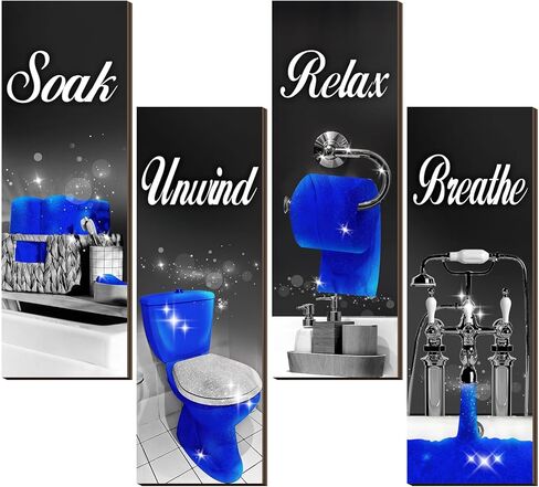 Honoson 4 Pcs Bathroom Decor Wall Art Farmhouse Bathroom Pictures Wall Decor Soak Unwind Relax Breathe Wood Hanging Sign for Home Spa Laundry (Black Turquoise,11.8 x 3.9 Inch) in Saudi Arabia