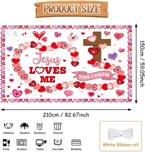 7x5ft يسوع يحبني هذا أنا أعرف راية عيد الحب المسيحية راية الديكور مجموعة الدينية الحب القلب روز الصليب للكنيسة المدرسة الفصول الدراسية خلفية ديكور in Saudi Arabia