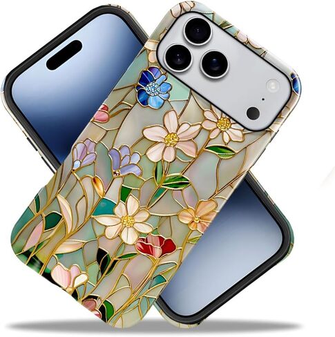 حافظة متوافقة مع هاتف iPhone 17 Pro Max، حافظة هاتف صلبة هجينة ساطعة بطبقتين للوقاية من السقوط للفتيات والأولاد، زهرة زجاجية ملونة in Kuwait