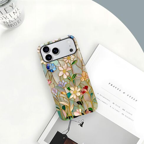 حافظة متوافقة مع هاتف iPhone 17 Pro Max، حافظة هاتف صلبة هجينة ساطعة بطبقتين للوقاية من السقوط للفتيات والأولاد، زهرة زجاجية ملونة in Kuwait