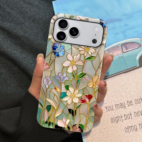 حافظة متوافقة مع هاتف iPhone 17 Pro Max، حافظة هاتف صلبة هجينة ساطعة بطبقتين للوقاية من السقوط للفتيات والأولاد، زهرة زجاجية ملونة in Kuwait