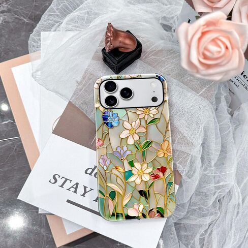 حافظة متوافقة مع هاتف iPhone 17 Pro Max، حافظة هاتف صلبة هجينة ساطعة بطبقتين للوقاية من السقوط للفتيات والأولاد، زهرة زجاجية ملونة in Kuwait
