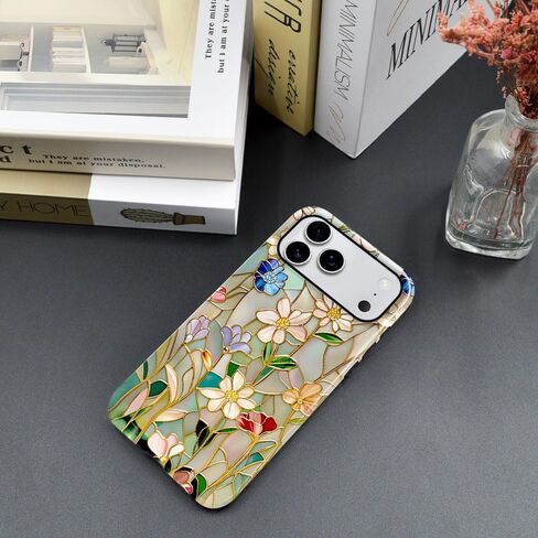 حافظة متوافقة مع هاتف iPhone 17 Pro Max، حافظة هاتف صلبة هجينة ساطعة بطبقتين للوقاية من السقوط للفتيات والأولاد، زهرة زجاجية ملونة in Kuwait