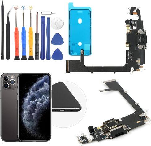 موصل قاعدة توصيل لهاتف iPhone 11 Pro، بديل كابل مرن لمنفذ الشحن لهاتف iPhone 11 Pro، موصل لوحة قاعدة شاحن USB مع أدوات (أسود) in Kuwait