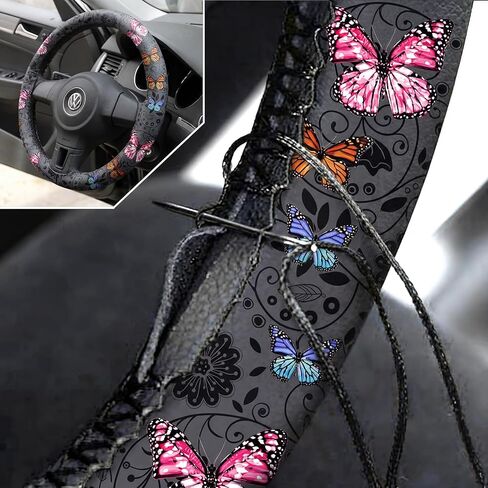Tallew Butterfly Seat Covers Full Set for Women Butterfly Universal Car Accessories Rubber Steering Wheel Cover License Plate Frame Mirror Covers 26 Pcs Fit SUV Auto(Purple Style) in Saudi Arabia
