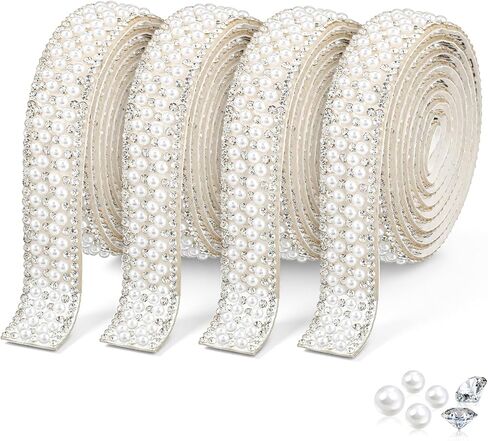 DOPENPSI 4Roll Pearl Ribbon, 4 Yards Self Adhesive Pearl Rhinestone Ribbon Pearls Trim Crystal Pearls Strips Bling Stickers PearlsTape for DIY Crafts Wedding Birthday Party Decor in Saudi Arabia