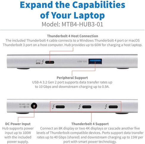 قاعدة توصيل Tripp Lite ذات 4 منافذ Thunderbolt 3، شاشة واحدة: فيديو 8K @ 30 هرتز - شاشتان: 4K @ 60 هرتز، 10 جيجابت في الثانية USB-A، شحن 100 واط، متوافق مع Windows Chromebook وMac، ضمان لمدة عام (MTB4-HUB3-01) in Kuwait