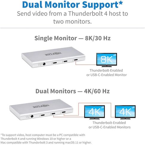 قاعدة توصيل Tripp Lite ذات 4 منافذ Thunderbolt 3، شاشة واحدة: فيديو 8K @ 30 هرتز - شاشتان: 4K @ 60 هرتز، 10 جيجابت في الثانية USB-A، شحن 100 واط، متوافق مع Windows Chromebook وMac، ضمان لمدة عام (MTB4-HUB3-01) in Kuwait