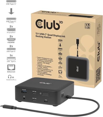 محطة إرساء USB C Displaylink رباعية الشاشة - قاعدة كمبيوتر محمول 12 في 1 4K 60 هرتز HDMI DisplayPort 8K 60 هرتز، شحن PD 100 واط، 2.5 جيجا إيثرنت، محور USB لجهاز MacBook Pro Windows - CSV-2542 in Kuwait