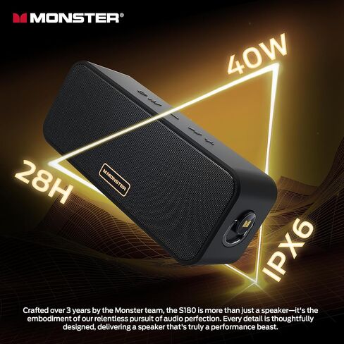 Monster S180 Bluetooth Speaker, 40W Wireless Speaker with 28H Playtime, Stereo Sound, Bluetooth 6.0, Support AUX, TF, Wireless Stereo Pairing, IPX6 Waterproof Speaker for Home, Outdoor in Kuwait