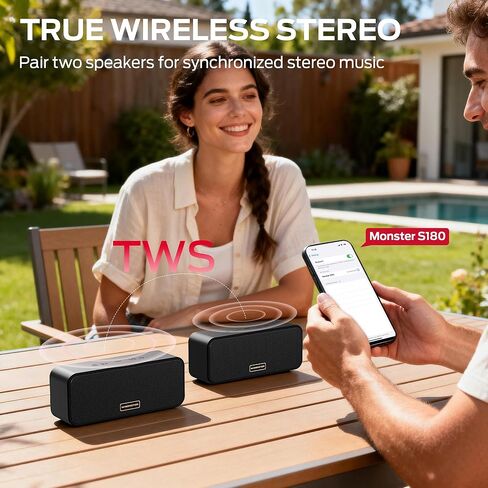 Monster S180 Bluetooth Speaker, 40W Wireless Speaker with 28H Playtime, Stereo Sound, Bluetooth 6.0, Support AUX, TF, Wireless Stereo Pairing, IPX6 Waterproof Speaker for Home, Outdoor in Kuwait