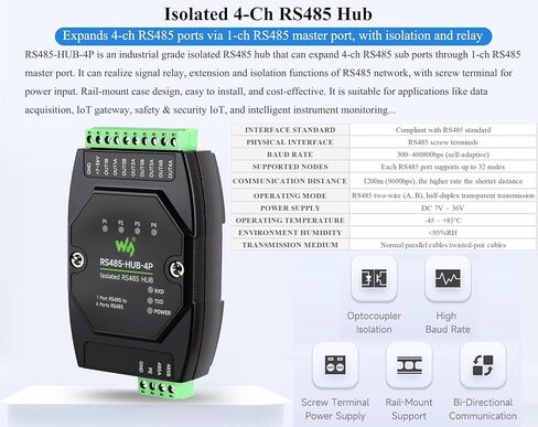 Industrial Isolated 4-CH RS485 Hub, Expands 4-CH RS485 Sub Ports Via 1-CH RS485 Master Port, with Isolation and Signal Relay, 300~460800bps Wide Baud Rate Range, Rail-Mount Support in Saudi Arabia