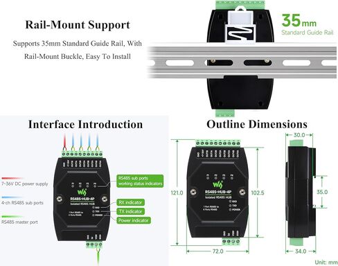 Industrial Isolated 4-CH RS485 Hub, Expands 4-CH RS485 Sub Ports Via 1-CH RS485 Master Port, with Isolation and Signal Relay, 300~460800bps Wide Baud Rate Range, Rail-Mount Support in Saudi Arabia