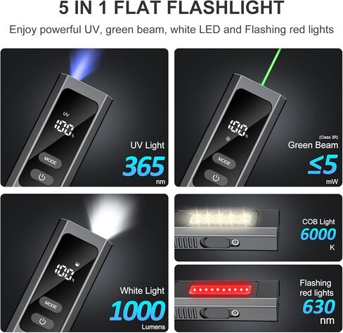 5-in-1 Rechargeable EDC Flat Flashlight, 1000 Lumens Pocket Torch with White LED, Green Beam, UV, Magnetic Base & Clip, Compact Flat Flashlight for Camping, Emergency, Work with Bag LT010 (Black) in Saudi Arabia