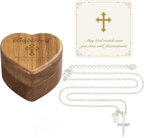 NORBU S925 Cross Necklace for Girls with Pearl, Sterling Silver Girls Cross Necklace Baptism Gifts with Heart Keepsake Box, First Communion & Baby Dedication Gifts for Newborn Easter Gift in Kuwait