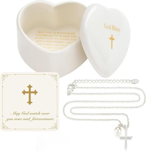 NORBU S925 Cross Necklace for Girls with Pearl, Sterling Silver Girls Cross Necklace Baptism Gifts with Heart Keepsake Box, First Communion & Baby Dedication Gifts for Newborn Easter Gift in Saudi Arabia