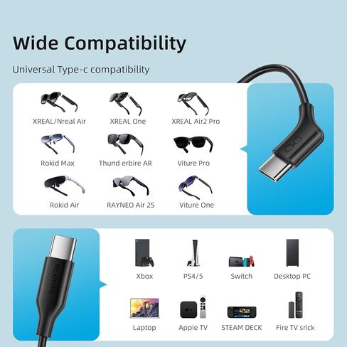 كابل نظارات AR بطول 2 متر/6.6 قدم USB إلى USB-C، محول شاحن نظارات ذكي AR محمول من النوع C كابل بيانات لمشاهدة الأفلام ولعب الألعاب لـ Xreal Rokid RayNeo Viture AR in Kuwait