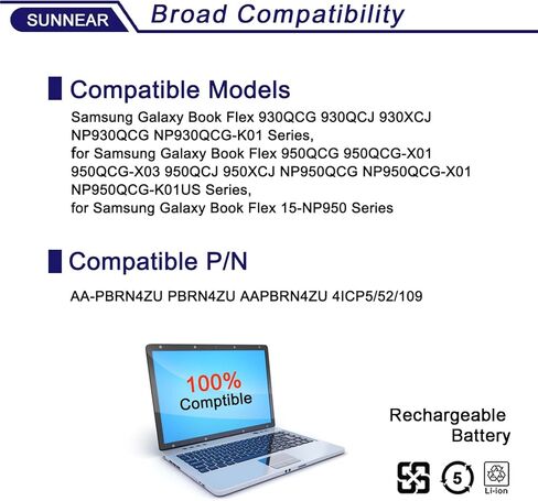 بطارية AA-PBRN4ZU متوافقة مع Samsung Galaxy Book Flex 930QCG 930QCJ 930XCJ NP930QCG-K01 950QCG-X01 950QCJ 950XCJ NP950QCG NP950QCG-K01US 15.4V 4350mAh 66.9Wh 4 خلايا in Kuwait