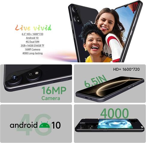 جديد 6.5 بوصة HD + شاشة غير مقفلة هواتف Android 4G LTE GSM الهاتف الخليوي 2GB+16GB/SD 256GB Android 10 الهاتف الذكي 16MP هاتف ذكي ثنائي الشريحة لـ T-Mobile فقط نظام تحديد المواقع العالمي (GPS) فتح الوجه (أسود عميق) in Kuwait