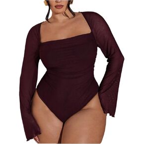 Wdirara Women's Plus Size Floral Long Bell Sleeve Bodysuit Square Dequ in Kuwait