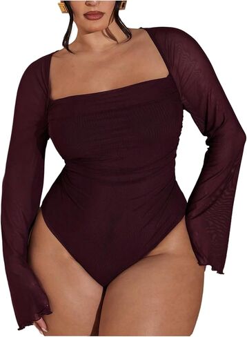 Wdirara Women's Plus Size Floral Long Bell Sleeve Bodysuit Square Dequ in Saudi Arabia