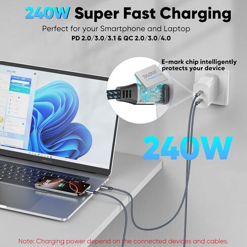USB C Data Charging Monitor Video Cable 6ft, 4K@144Hz Video/20Gbps Data Transfer /240W Power Charging Type C Cord, USBC 3.2 Gen 2 for Camera,SSD,Portable Monitor,Carplay,Laptop and More in Saudi Arabia
