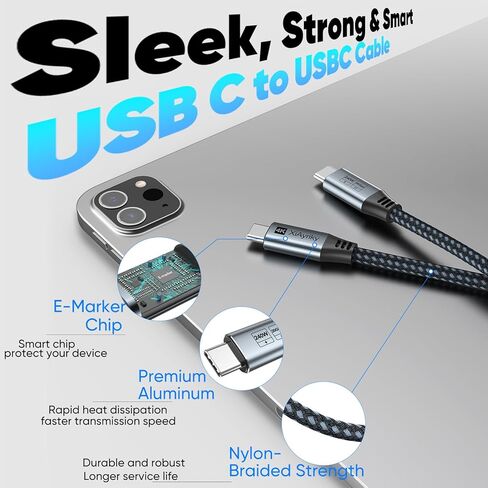USB C Data Charging Monitor Video Cable 6ft, 4K@144Hz Video/20Gbps Data Transfer /240W Power Charging Type C Cord, USBC 3.2 Gen 2 for Camera,SSD,Portable Monitor,Carplay,Laptop and More in Saudi Arabia
