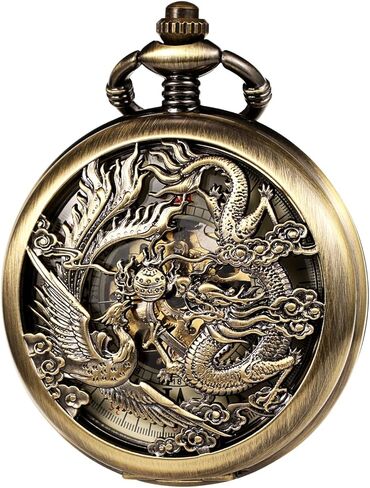 ساعة الجيب الميكانيكية العتيقة من TREEWETO للرجال، Lucky Dragon & Phoenix Retro Skeleton Dial غطاء مزدوج مع سلسلة in Kuwait