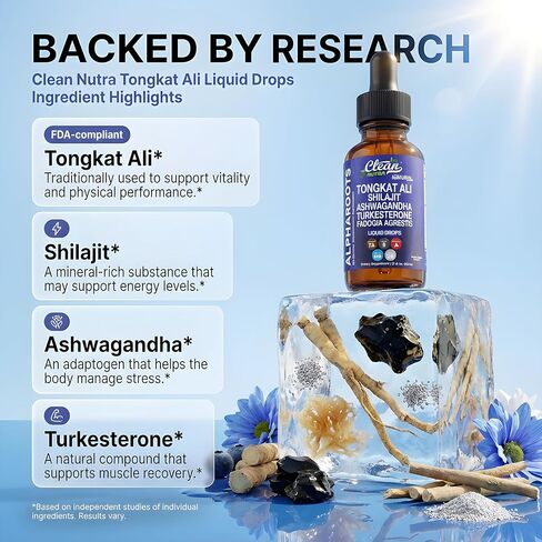 Tongkat Ali Liquid Drops Shilajit ، Ashwagandha ، Turkesterone ، Fadogia Agrestis ، Magnesium ، Arish Sea Moss ، وملحق الأعشاب الزنك بواسطة Clean Nutra in Saudi Arabia