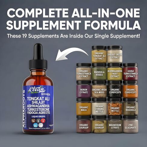 Tongkat Ali Liquid Drops Shilajit ، Ashwagandha ، Turkesterone ، Fadogia Agrestis ، Magnesium ، Arish Sea Moss ، وملحق الأعشاب الزنك بواسطة Clean Nutra in Saudi Arabia