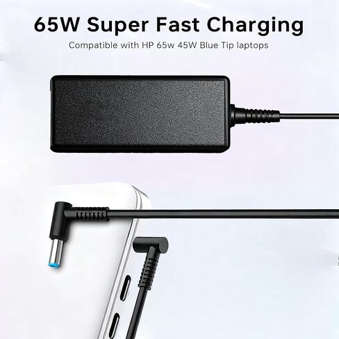 شاحن كمبيوتر QFA 65W 45W متوافق مع شاحن الكمبيوتر المحمول HP محول الطاقة الذكي ذو الطرف الأزرق in Kuwait