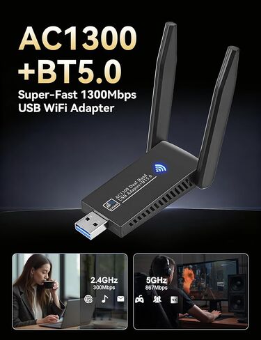 AC1300 مع محول Bluetooth 5.0 USB 3.0 WiFi للكمبيوتر المكتبي والكمبيوتر المحمول، بطاقة لاسلكية مزدوجة النطاق، 2 هوائي عالي الكسب، MU-MlMO، يدعم Windows 11/10/8.1/8/7/XP، Mac OS 10.9-10.15 in Kuwait