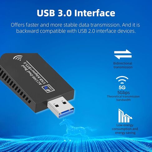 AC1300 مع محول Bluetooth 5.0 USB 3.0 WiFi للكمبيوتر المكتبي والكمبيوتر المحمول، بطاقة لاسلكية مزدوجة النطاق، 2 هوائي عالي الكسب، MU-MlMO، يدعم Windows 11/10/8.1/8/7/XP، Mac OS 10.9-10.15 in Kuwait