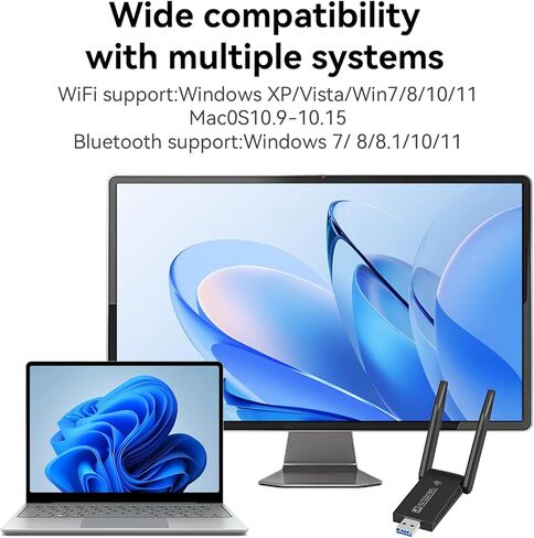 AC1300 مع محول Bluetooth 5.0 USB 3.0 WiFi للكمبيوتر المكتبي والكمبيوتر المحمول، بطاقة لاسلكية مزدوجة النطاق، 2 هوائي عالي الكسب، MU-MlMO، يدعم Windows 11/10/8.1/8/7/XP، Mac OS 10.9-10.15 in Kuwait