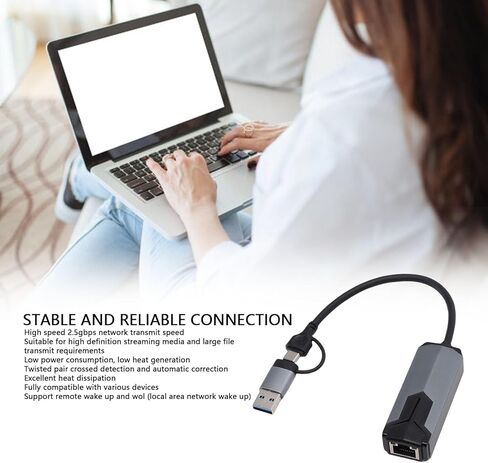 محول إيثرنت USB من النوع C إلى 2.5 جيجا، سرعة شبكة جيجابت 2500 ميجا بت في الثانية RJ45 مع اتصال مستقر واستهلاك منخفض للطاقة، لأجهزة الكمبيوتر المحمول USB C 10 11 OS X in Saudi Arabia