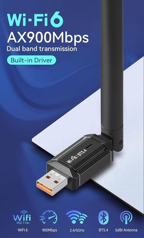 Gallays AX900 WiFi 6 مع محول Bluetooth 5.4 USB WiFi للكمبيوتر المكتبي والكمبيوتر المحمول، بطاقة لاسلكية مزدوجة النطاق، هوائيات كسب عالية 5dBi، بدون سائق، متوافق مع Windows 11/10/7 in Kuwait