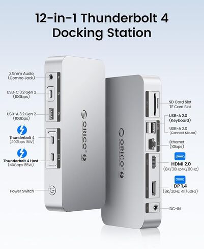 ORICO 12-in-1 Thunderbolt 4 Docking Station , Dual Monitor with 8K Single/4K Dual Display, 85W Charging, USB-C/A Ports, Gigabit Ethernet, SD/TF, Compatible with Mac mini M4/MacBook/Windows Laptops in Saudi Arabia