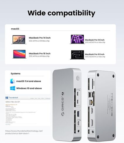 ORICO 12-in-1 Thunderbolt 4 Docking Station , Dual Monitor with 8K Single/4K Dual Display, 85W Charging, USB-C/A Ports, Gigabit Ethernet, SD/TF, Compatible with Mac mini M4/MacBook/Windows Laptops in Saudi Arabia