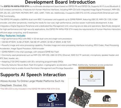 لوحة تطوير ESP32-P4-WIFI6-POE-ETH، استنادًا إلى ESP32-P4 وESP32-C6، تدعم Wi-Fi 6 وBluetooth 5 (LE)، مع وحدة PoE المتكاملة لإمداد طاقة PoE، وتدعم تفاعل الكلام AI in Saudi Arabia
